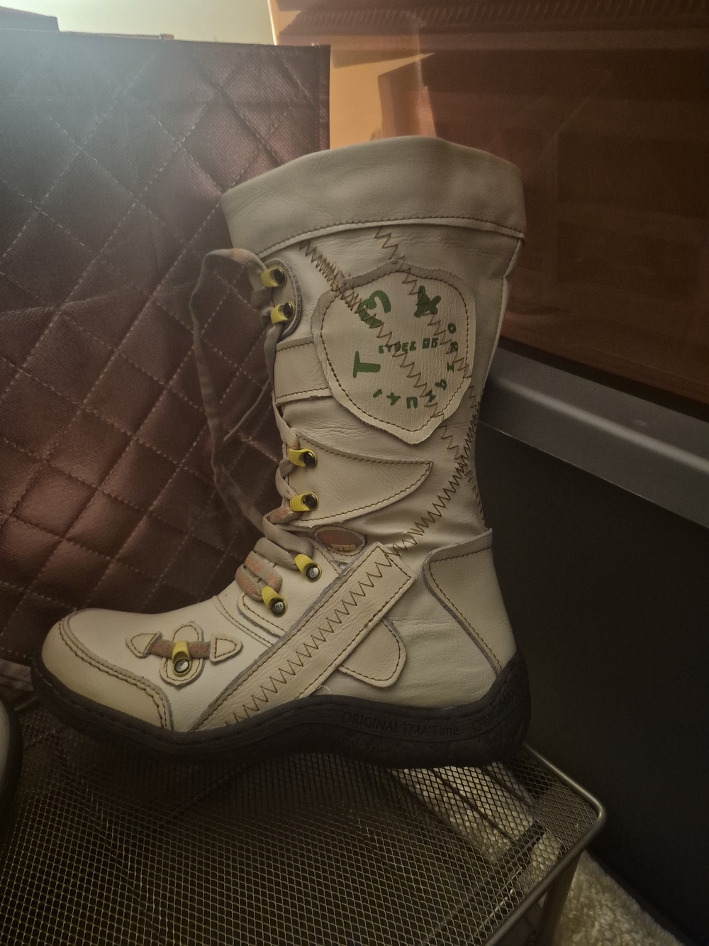 Cream Lace-Up Mid-Calf Boot with Green Heart Detail